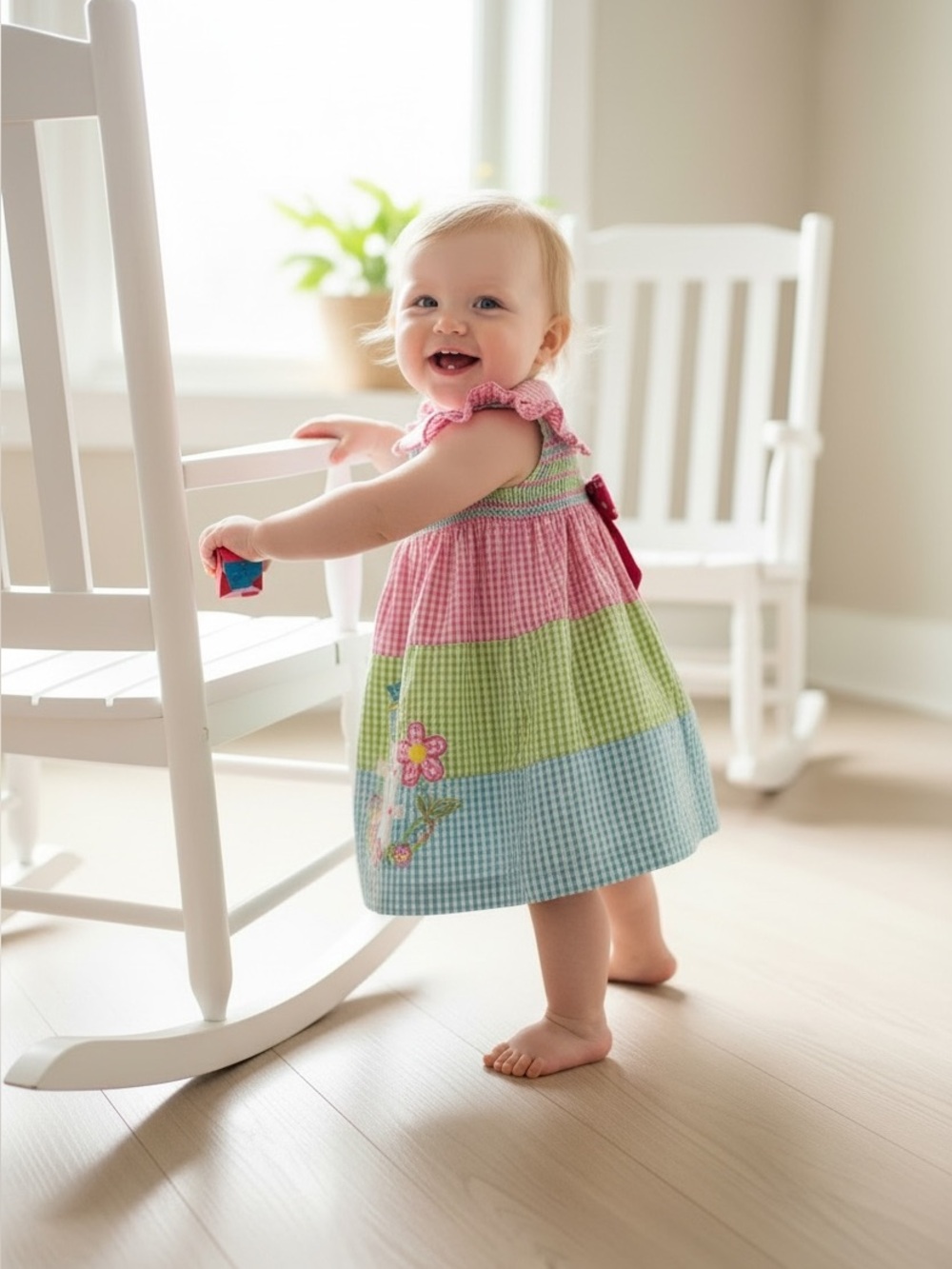 Baby Girl Smocked Gingham Dress in Pink, Green & Blue🌸🍭🍬